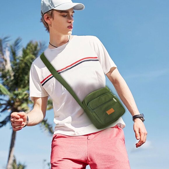 Luxury Canvas Messenger Bag for Men - 3-Zipper Crossbody Satchel, Military Green - Picture 5 of 8